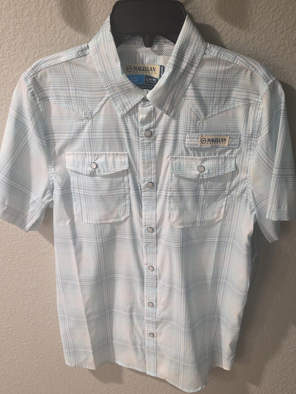 NWT Magellan Outdoors Light Green and White Plaid SS Shirt-Kids Size Large 14-16